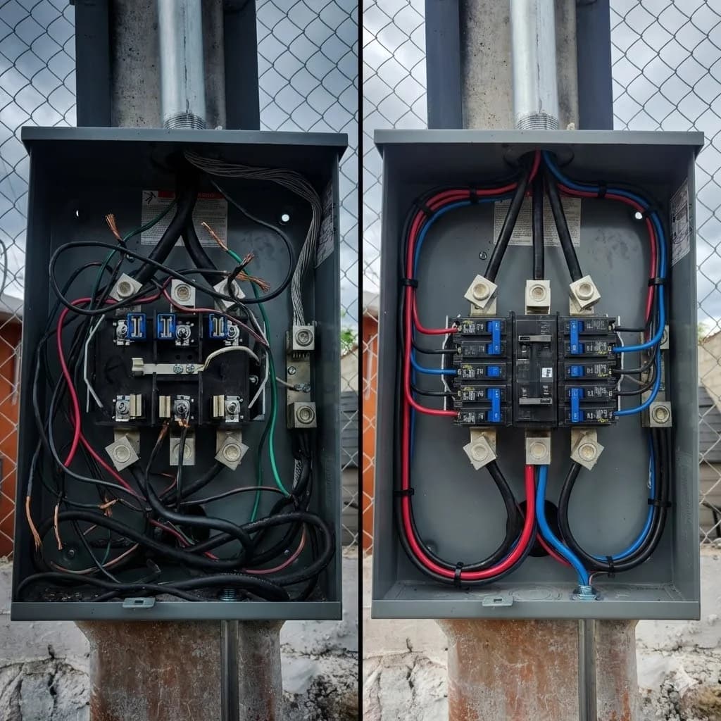 Comparativa de cableado caótico vs tablero eléctrico organizado profesional en Tepic